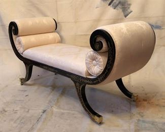 Neoclassical carved and lacquered wood, upholstered chaise lounge bench . 