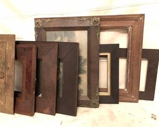 assorted antique picture frames: mission oak, Empire mahogany OGEE, cast iron, walnut, victorian gilded, etc