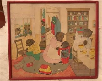 large 1930s lithograph illustration of Teddy Bears at home.