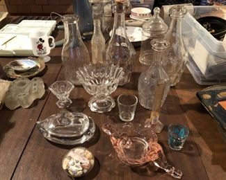 assorted antique EAPG pressed & blown glass decanters, bottles, footed bowls, shot glasses, female figural soap dish, Czech futurist glass pencil holder, etc. 