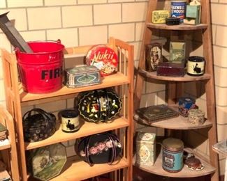collection of antique and vintage tins: advertising, cookie, tobacco, tea, fire, yarn, coffee, hawaii, deco, match holder, etc.