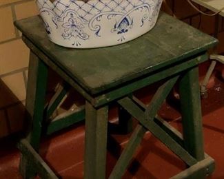 Sherle Wagner custom hand painted flo blue vanity sink basin. Shabby chic farm workbench table.