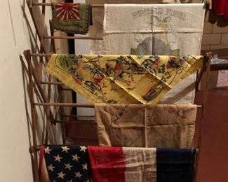 antique linens, flags, tapestries, bunting, rug, cowboy, tourniquet, Gibson Girl embroidered pillowcase.