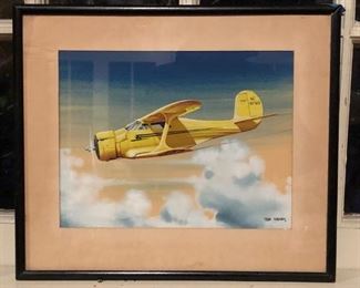 1930s signed original watercolor illustration art of a Beechcraft biplane in flight. 