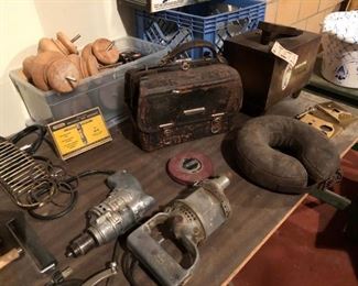 vintage tools, art deco industrial electric drills, leather doctor's attache case, shoe shine kit wood case, 2 sets of turned wood furniture feet.