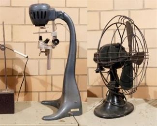 GE cast iron electric oscillating fan (works), bahaus-inspired mid-century modern table lamp, rare electric microscope projector/enlarger.