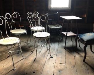 Set of 5 bent iron soda fountain chairs, oak plant stand, victorian mahogany side chair.