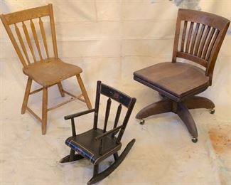 Windsor grain painted porch chair, Windsor child's painted rocker, 1940s oak swivel office chair.