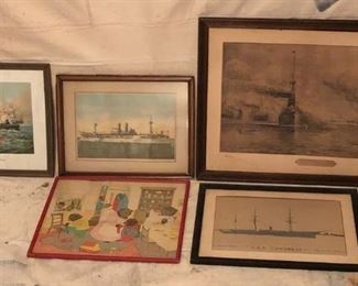 Assorted, framed antique lithographs from the Spanish American war featuring the USS Maine, USS Olympia, Admiral Dewey, the Battle of Manila, Teddy bears, etc.