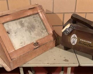 antique corner hanging medicine cabinet with mirror. Shoe shine kit wood box with original hang tag.