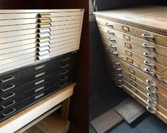 3 flatfile drawer cabinets: 2 are steelcase, one is a 2-part stacking oak case.