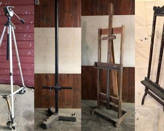 Antique victorian artist painting easel, contemporary large painting easel, large-format photographers studio tripod, rolling video tripod.