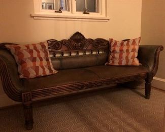 Antique leather & carved wood bench from Africa
