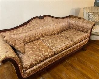 Antique Satin Camel Back Sofa, Oversized Wing Back Side Chair