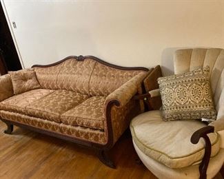 Antique Satin Camel Back Sofa, Oversized Wing Back Side Chair