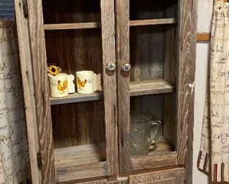 Cedar Cabinet, Grandma Moses Coffee Mugs, Tiara Pitcher Clear, Candle Sticks Set