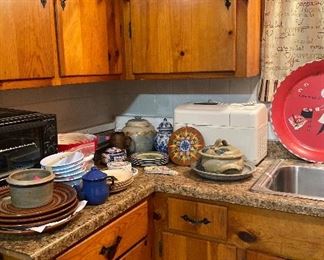 Assorted Kitchen Items, Pottery Local Artist, Bread Making Machine, Bowls