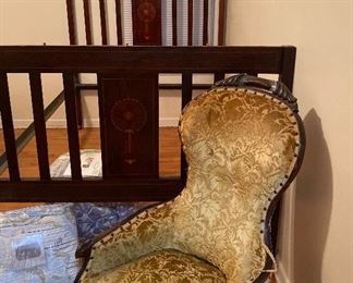 Full Size Bed with Inlay, Satin Side Armchair, Quilted Bedding