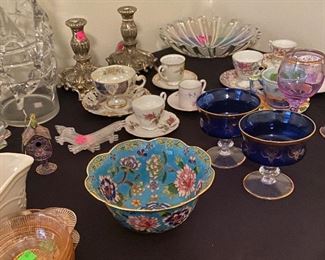 Enamel Inlayed Bowl, Assorted Tea Cups, Cobalt Blue with Gold Overlay Champaign Glasses Bohemian