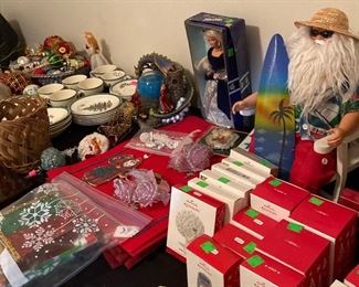 Assorted Christmas Items, Some Hallmark Ornaments, Surfer Dude Santa on Beach Chair, Barbie
