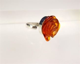Silver & Rose-Carved Amber Ring, Size 8