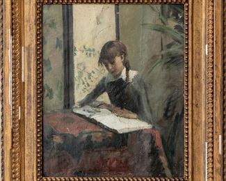 Oil On Canvas Of A Young Girl Reading, Circa 1880-1890