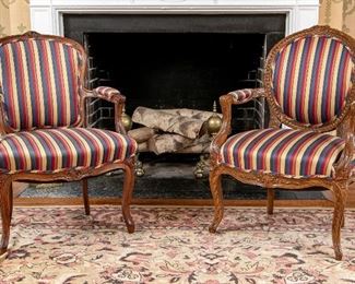 Pair Antique Compatible French Open Arm Chairs In Walnut