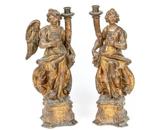 Pair Of 18th Century Large Carved Angel Candleholders, 23" High