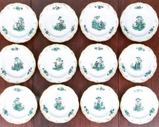 12 Antique Meissen Plates With Marseille Relief And Watteau Painting