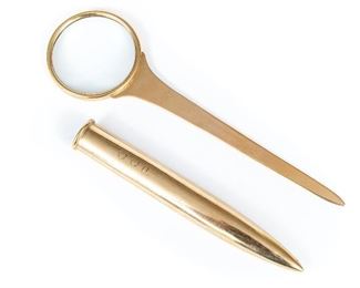 Magnifying Glass & Scissors Sheath From Cartier Solid 14k Gold Art Deco Desk Set 1930s