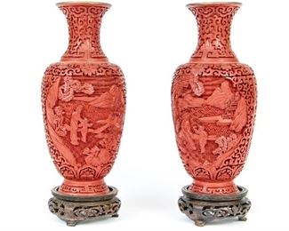 Pair Of Carved Chinese Cinnabar Vases With Pierced Wood Bases
