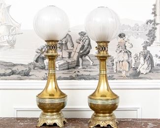 Antique Converted Kerosene Lamps With Opalescent Glass Shades