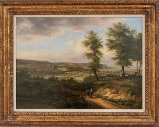 Antique Oil On Canvas With Figural Landscape