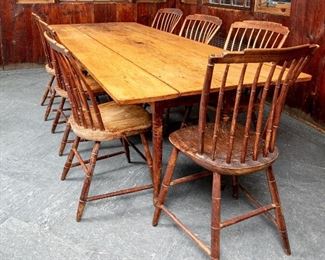 Country Farm Table, Possibly Shaker, With Set Of 7 Spindle Chairs