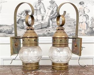 Pair Of Brass Carriage Lanterns With Glass Bowls