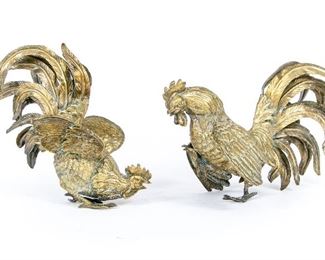 Pair Of Vintage Fancy Brass Roosters