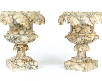 Pair Of Highly Detailed Antique Diminutive Marble Urns