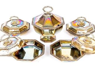 Matched Set Of 5 Octagonal Lidded Silver Plate Bowls