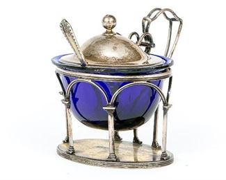 English Later Georgian Sterling Silver Condiment With Blue Liner & Spoon
