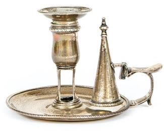 English Georgian Round Sterling Silver Chamber Stick With Snuffer, London 1774-75