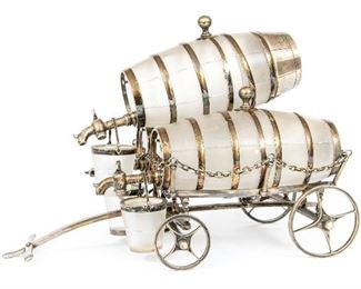 English Silver-Plated And Glass Wagon Form Decanter Or Tantalus Set