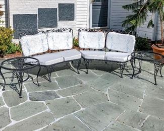 Set Of Two Vintage Wrought Iron Settees And 2 Round Tables