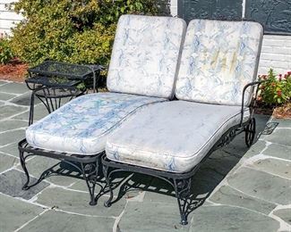 Two Wrought Iron Settees, Three Assorted Side Tables
