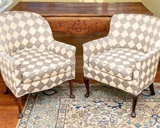 Pair Of Compatible Antique Arm Chairs In Geometric Upholstery Ca. 1920