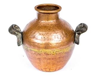 Antique Hammered Copper Handled Vase - 9 Lbs