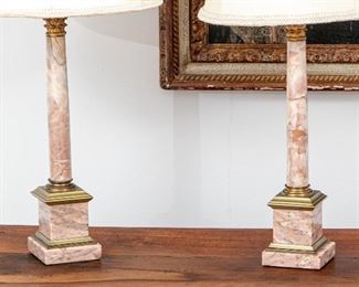 Pair Of Antique Pink Marble Column Lamps - No Shades
