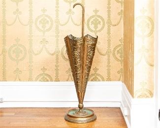 Antique Repose` Brass Umbrella Stand In Umbrella Form