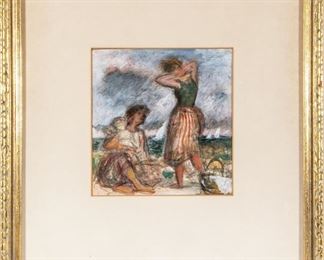 Pastel With Two Girls On The Beach