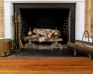 Antique Fireplace Ensemble Including Andirons, Tool Set, Pail And Log Holder