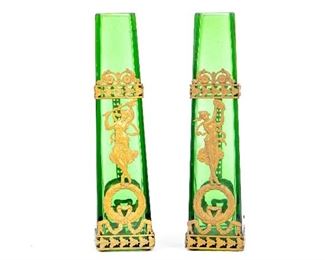 Pair Of Antique Green Garniture Vases With Gilt Metal